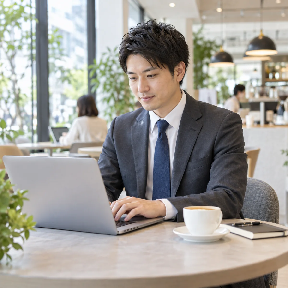 カフェでノートパソコンに向かう男性のイメージ