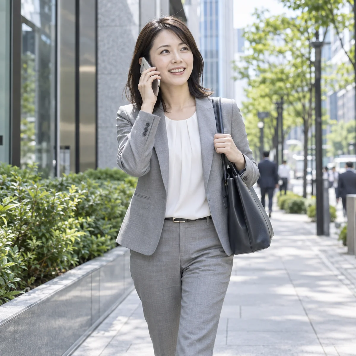 外回り中にスマートフォンで電話をしながら歩く女性のイメージ