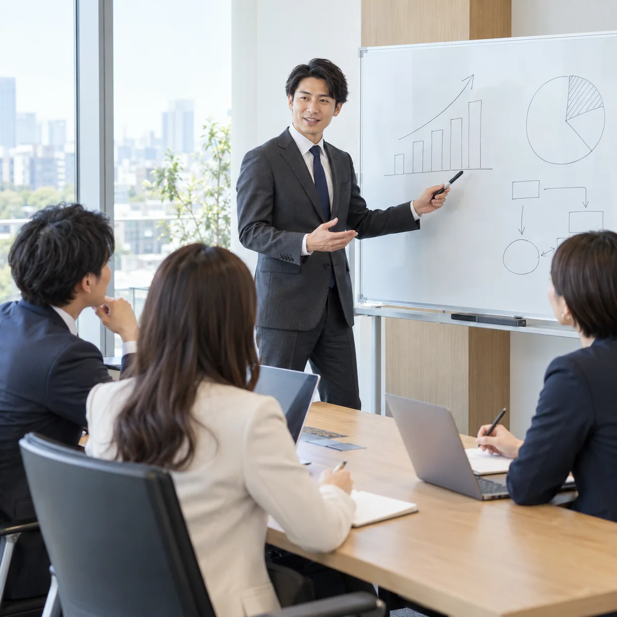 ホワイトボードの前で複数人にプレゼンテーションする男性のイメージ