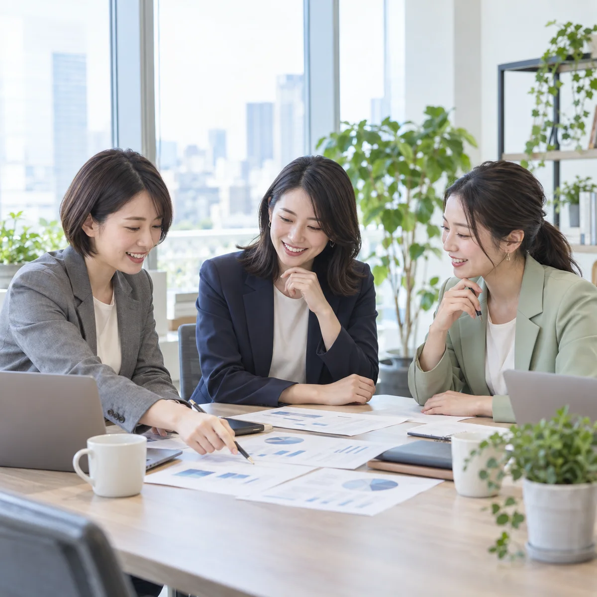 オフィスで資料を見ながら和やかに相談する3人の女性のイメージ