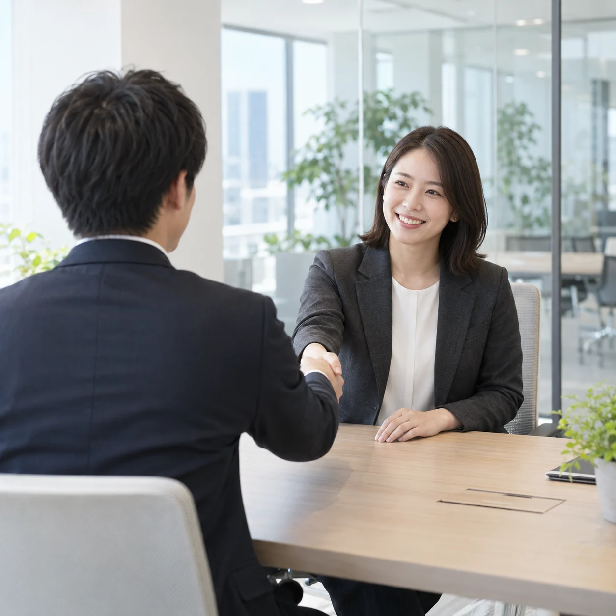 男性の求職者と女性コンサルタントが握手するイメージ