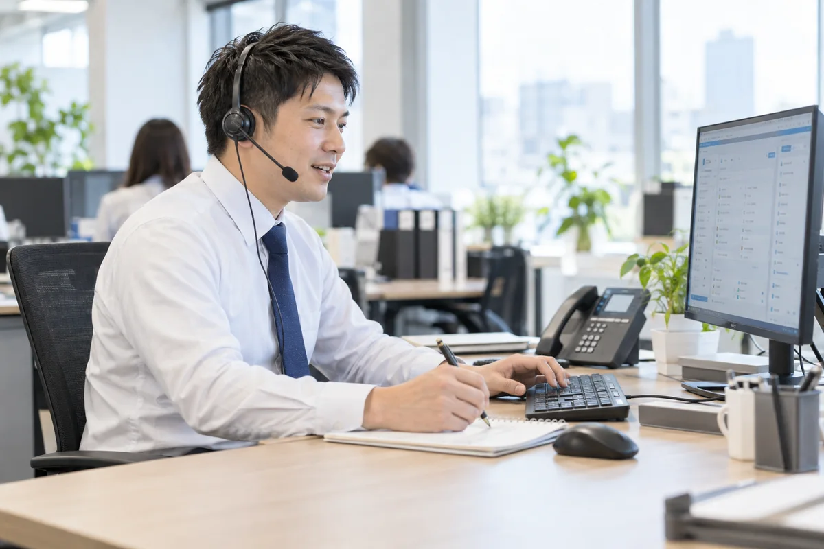 PCを見ながらヘッドセットで電話営業をする男性のイメージ