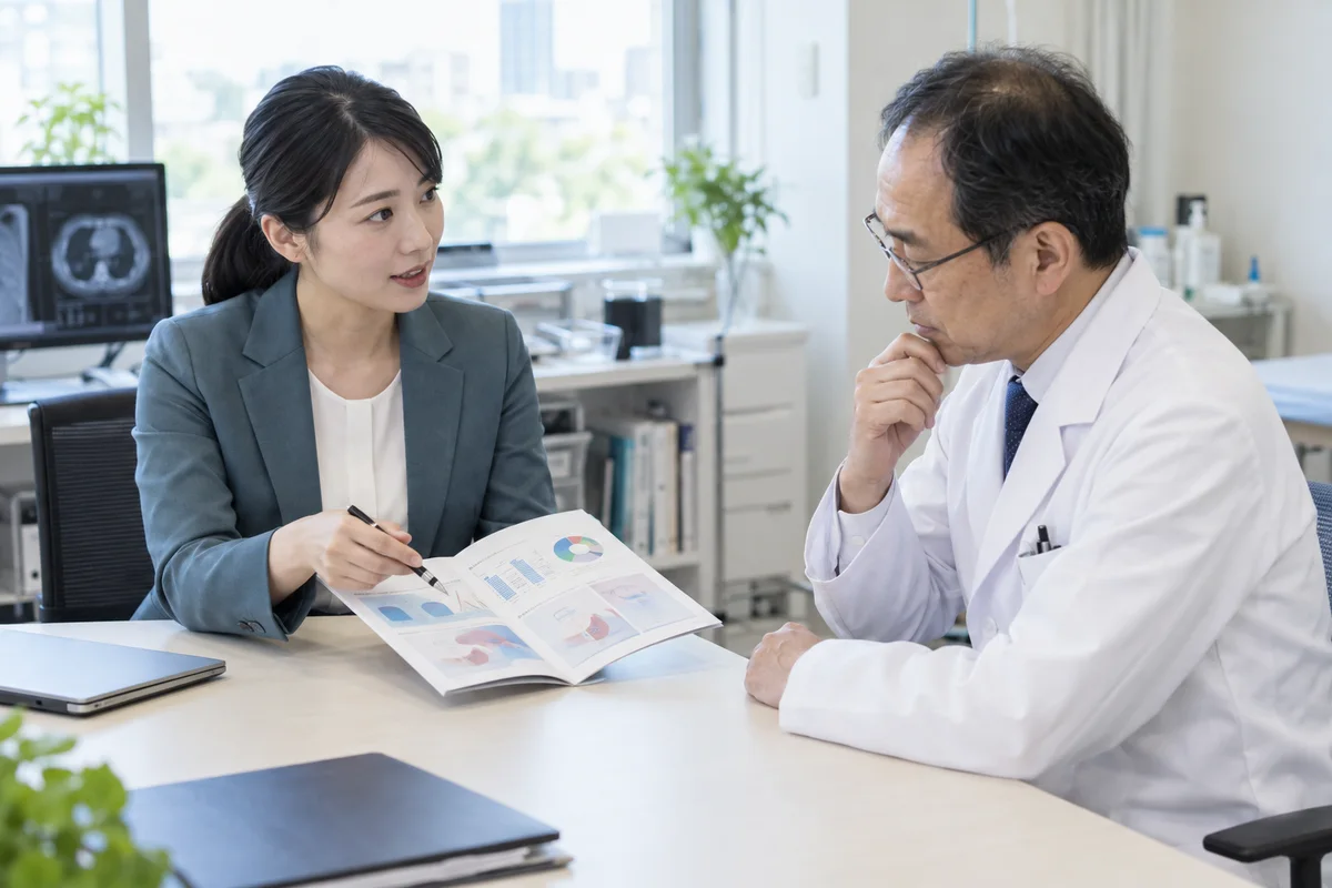 医師に資料を見せながら説明する女性のイメージ